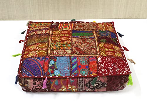 Mam Treasures Indian Bohemian Decorative Pillow Vintage Cushion Cover Patchwork Square Floor Pillow Cover Meditation Cushion Large Floor Pillow Indian Cushion (Brown, 16 X 16 X 5 Inch) - color: Brown, size: 16" x 16" (Pack of 1)