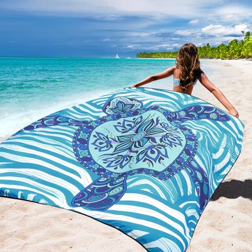 WIWIGO Beach Blanket Waterproof Sandproof Beach Mat 79" X 83"/10'x9'for 2-8 Adults Quick Drying Outdoor Picnic Mat Beach Accessories for Travel, Camping, Hiking - color: Blue Sea Turtle - Line Base, size: 79" X 83"（1-4person）