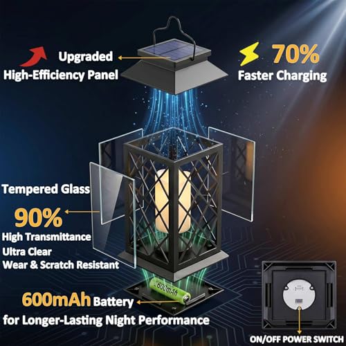 Solar Lanterns Outdoor Waterproof, Flickering Candles Hanging Solar Lights for Outside Garden Patio Wall Porch Decorative, Lamp with Upgraded Solar Panel, Tempered Glass & Clip, Black 2 Pack - style: Black*2, 4.2*4.2*8.7in