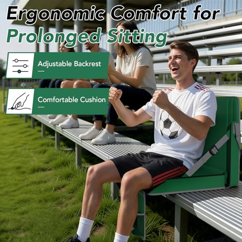 Stadium Seats with Back Support 1PACK Adjustable Bleacher Chairs with Back and Cushion Bleacher Seat with Cup Holder, Carry Handle & Shoulder Strap for Outdoor Sports Events, Picnics - color: Green-1pc-xl-large