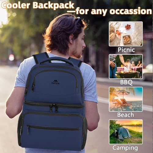 MATEIN Cooler Backpack, 26 Cans Insulated Lunch Backpack for Men Women, Leakproof Double Layer Lunch Cooler Bag Lightweight Soft Lunch Backpack with Cooler Compartment, Beach Camping Hiking Beer Gifts - color: Blue, size: 40 Cans