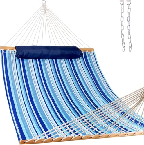 Lazy Daze Hammocks 12 FT Quilted Fabric Double Hammock with Spreader Bars and Detachable Pillow, 450lbs Weight Capacity - color: Mixed Blue Stripes