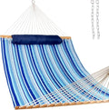 Lazy Daze Hammocks 12 FT Quilted Fabric Double Hammock with Spreader Bars and Detachable Pillow, 450lbs Weight Capacity - color: Mixed Blue Stripes
