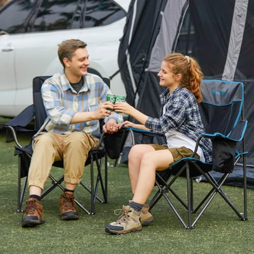 FUNDANGO Oversized Camping Chair for Adults, Heavy Duty Portable Foldable Lawn Chair with Padded Seat & Back, Lumbar Support, 4-can Cooler & Cup Holder, Carry Bag Included for Outdoor - color: Black With Lumber Support 2 Pack