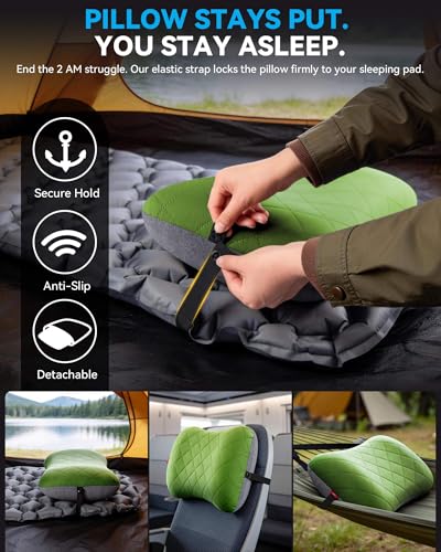 Hikenture Camping Pillow with Removable Cover - Ultralight Inflatable Pillow for Neck Lumbar Support - Upgrade Backpacking Pillow - Washable Travel Air Pillows for Camping, Hiking, Backpacking - color: Green