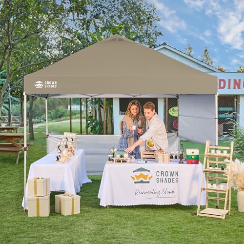 CROWN SHADES 10x10 Pop up Canopy Tent Instant Canopy with 150D Silver Coated Fabric Including 2 Half Sidewalls, 4 Ropes, 8 Stakes, 4 Weight Bags, STO 'N Go Bag, Beige - color: Beige