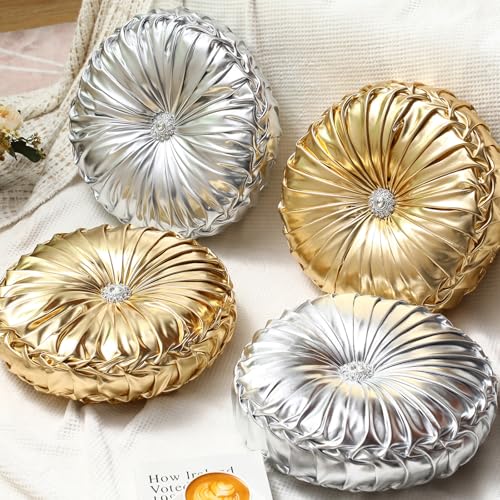 Kathfly Set of 4 Decorative Round Pleated Throw Pillows, Classy Velvet Pumpkin Round Throw Pillows, Decorative Floor Pillow for Bed Chair Home Sofa Decor, 14" Diameter(Gold and Silver) - color: Gold and Silver