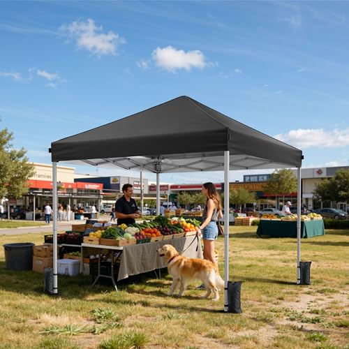 Driftalia 10x10 Pop Up Canopy Tent, Instant Setup Portable Canopy with Carry Bag, 4 Sandbags and 8 Stakes for Outdoor Events, Parties & Camping - Black - color: Black