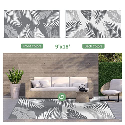 GENIMO Outdoor Rug 9' x 18' Waterproof for Patios Clearance, Reversible, Plastic Straw Camping Rug Carpet, Large Area Rugs Mats for RV, Picnic, Backyard, Deck, Balcony, Porch, Beach, Grey&White - color: Grey & White | Waterproof, size: 9' x 18' (Rectangul