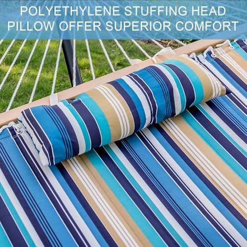 Lazy Daze Hammocks 12 FT Quilted Fabric Double Hammock with Spreader Bars and Detachable Pillow, 450lbs Weight Capacity - color: Beach Stripes