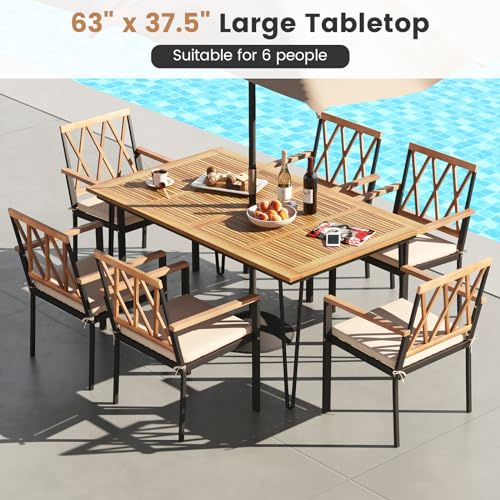 Tangkula 63" Large Patio Dining Table for 6, Acacia Wood 6-Person Dining Table with 2" Umbrella Hole & Metal Legs & Adjustable Foot Pads, Rectangular Outside Table for Garden, Poolside & Backyard - size: 63"