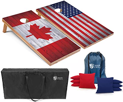 Tailgating Pros Regulation Cornhole Boards Flag Set - Includes 8 Bean Bags, Carrying Cases, and 4'x2' Corn Hole Toss Game w/Ring Light - color: Canada/US Flag