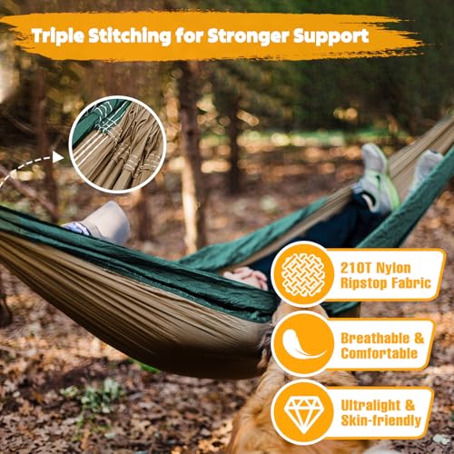 NATUREFUN Ultra-Light Travel Camping Hammock | 300kg Load Capacity,Breathable,Quick-Drying | 2 x Premium Carabiners,2 x Nylon Slings Included | Outdoor Indoor Garden - color: Camel/Olive Green, size: 275x140cm