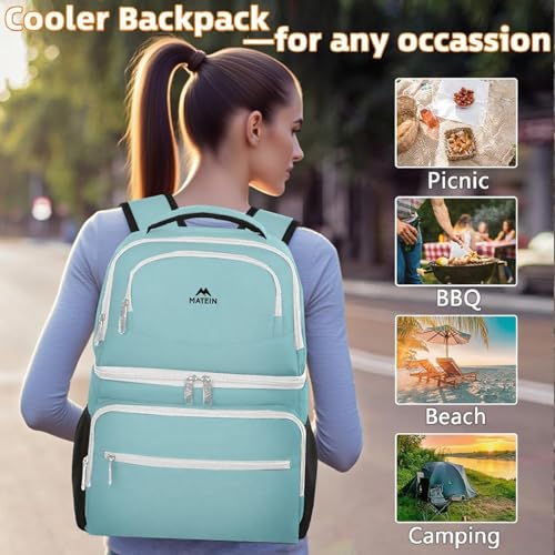 MATEIN Cooler Backpack, 26 Cans Insulated Lunch Backpack for Men Women, Leakproof Double Layer Lunch Cooler Bag Lightweight Soft Lunch Backpack with Cooler Compartment, Beach Camping Hiking Beer Gifts - color: Cyan, size: 26 Cans
