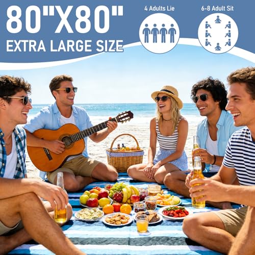 Beach Blanket Waterproof Sandproof, 80''x80''Extra Large Thick 5-Layer Big Outdoor Picnic Camping Blanket Easily Foldable Picnic Mat for Grass, Hiking, Travel, Concerts, Indoor - color: Dark Blue