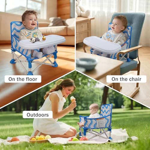 Tiny Marvels 3-in-1 Portable Baby Chair, Foldable Booster Seat with Removable Tray, Safety Harness & Carry Bag for Dining, Travel, Camping, Beach, 6M-3Y (Big Waive) - color: Big Waive