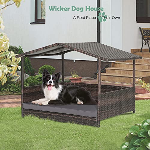 Wicker Dog Bed House, Indoor Outdoor HDPE Rattan Dog Houses, Raised Dog Cot Pet House, Elevated Pets Sofa w/Washable Cover, Waterproof Roof Shelter, Removable Cushion Lounge - style: Grey
