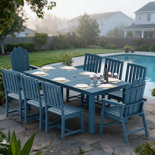 9-Piece Patio Dining Set, Outdoor Dining Set for 8, HDPE All-Weather Outdoor Furniture with 75.20” Umbrella Hole Table, 2 Armchairs & 6 Armless Chairs, Navy - color: Navy, size: 2 Armchairs & 6 Armless Chairs