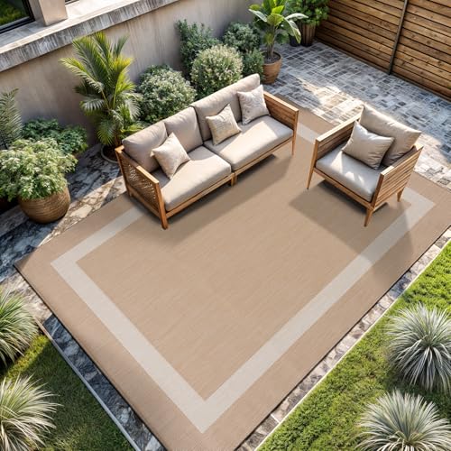 CAMILSON Outdoor Rug 10x14, Large Modern Outside Rugs for Patios Porches Waterproof Durable Washable Non-Shedding, Easy-to-Clean Indoor/Outdoor Area Carpet (10 x 14, Bordered - Beige/White) - color: Bordered - Beige / White, size: 10' x 14' (Rectangular)