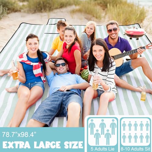 80" x 100" Extra Large Picnic Blankets Beach Mat Sandproof Waterproof Foldable Oxford Blanket Beach Mat Picnic Stuff for Family Camping Hiking Party Park Grass(Green and White,Stripe) - color: Green and White, style: Stripe