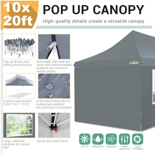 COBIZI 10x20 Pop Up Canopy with 4 Sidewalls, Conical Party Tent 10x20 with 3 Adjustable Height Waterproof, UV-Resistant EZ Outdoor Gazebo with Carry Bag, Sandbag, Stake, Rope for Parties, Commercial - color: Gray, size: 10x20FT with 4 sidewalls