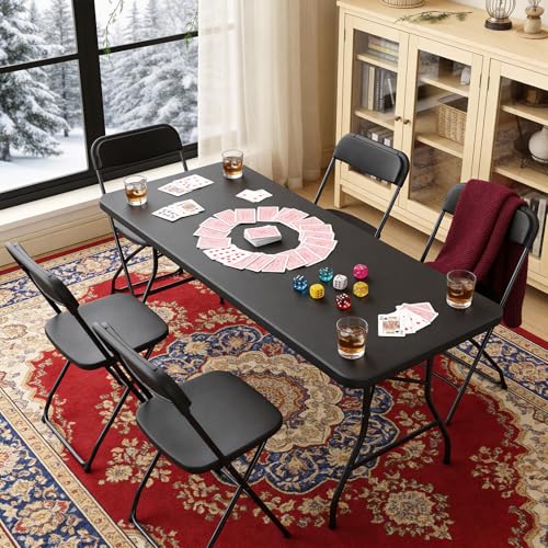 5ft Folding Table, Heavy Duty Plastic Card Table with Foldable Steel Legs, Metal Frame Support up to 500 lb, Portable for Indoor, Outdoor, Picnic, Camping, Dining, Party, Black - color: Black, size: 5FT