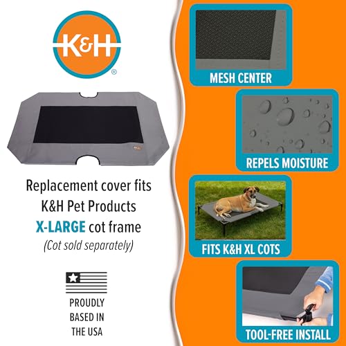 K&H Pet Products Dog Cot Replacement Cover, Designed to fit K&H XL Pet Cots (Sold Separately), Indoor Outdoor, Breathable Cooling Mesh Center, Machine Washable - Extra-Large 50 X 32in Gray - color: Gray/Black Mesh, size: X-Large 50 X 32 Inches