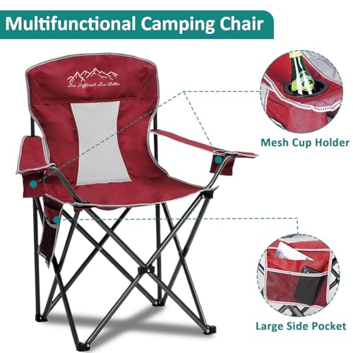Outdoor Folding Camping Chair with Cup Holder, Storage Bag, Large Anti-Sink Feet, 400lbs Capacity, Breathable Mesh Portable Chair for Camping, Beach, Fishing, Sports, Red - color: Red, size: 1 Pack