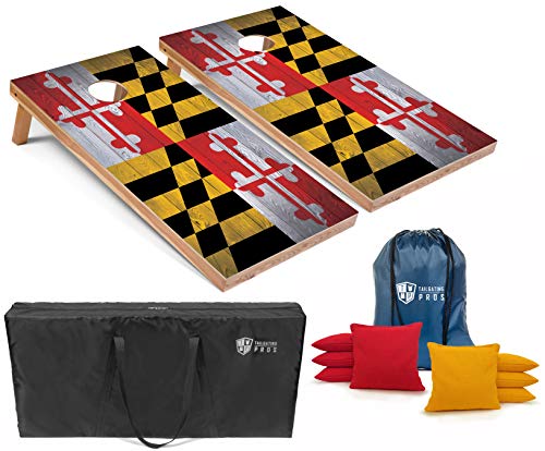 Tailgating Pros Regulation Cornhole Boards Flag Set - Includes 8 Bean Bags, Carrying Cases, and 4'x2' Corn Hole Toss Game w/Ring Light - color: Maryland Flag