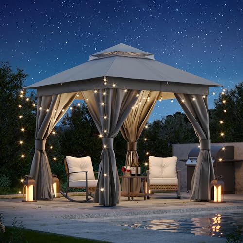 LAUSAINT HOME Gazebo 8x8ft, Heavy Duty Patio Gazebo with Expansion Bolts, Party Canopy Tent with Double Roofs, Mosquito Nettings and Privacy Screens for Backyard, Garden, Lawn, Grey - color: Gray, size: 8'x8'