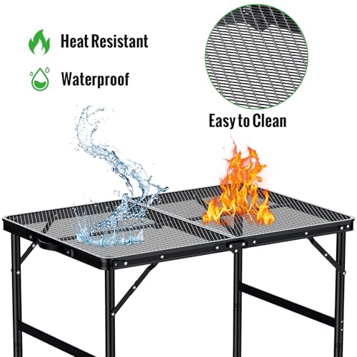 GARLLEN Folding Grill Table, 2-Height Adjustable Folding Camping Table with Heat-Resistant Wider Tabletop, Portable Aluminum Outdoor Tables for BBQ, Camping, Picnic, 35" L x 21.65" W, Black - color: Black, size: Tabletop Size: 35"L x 21.65"W