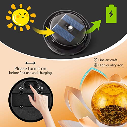 AIINY Garden Solar Lights Outdoor(2Pack), Amber Crackle Globe Glass Lotus Decoration, Waterproof Orange Metal LED Flower Lights for Patio,Lawn,Walkway,Tabletop,Ground, Garden Gifts for Women - color: Orange