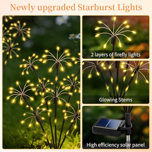 Solar Garden Lights Outdoor, 4 Pack 2-Layer Swaying Firework Lights, Waterproof Starburst Fairy Light Garden Decor for Yard Patio Pathway Lawn, Gardening Gifts for Women Mom Grandma Mother's Day - color: Warm White
