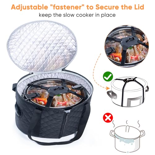 BAGSPRITE Slow Cooker Carrying Case Compatible with 6-8 Quart Crockpot Carrier for Hot Food and Hamlton Beach Slow Cooker Tote with Lid Fastener for Crock-pot Dust Cover Applicances - color: Black