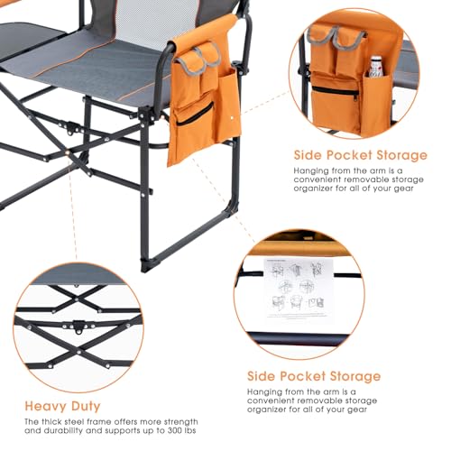 Wide Folding Director Chair with Table, Outdoor Camping Chair for Adults with Cup Holder Load 330 Lbs, Portable Lightweight Chair for Outside with Carry Bag for Patio, Orange-2Pack - color: Director Orange-2pack