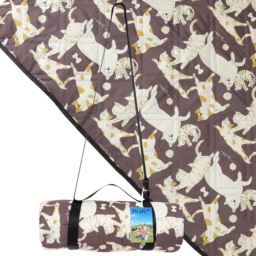 Outdoor Picnic Blanket Brown Cat&Dog 80"x80" Large Sandproof Beach Blanket Waterproof Picnic Blankets Foldable for Caming, Beach, Outdoor Activities. - color: Brown Cat&dog, size: 80"x80"
