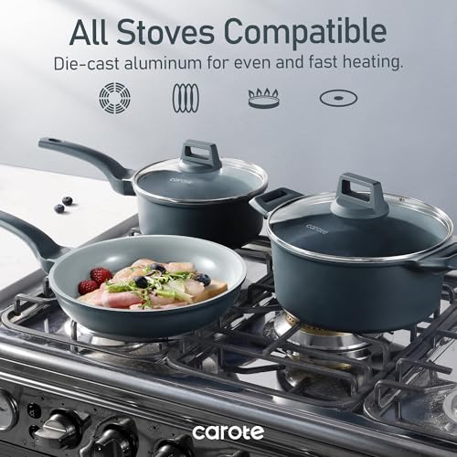 CAROTE 14 Pcs Ceramic Cookware Set, Pots and Pans Set Non Stick with Ceramic Coating, Induction Kitchen Sets - color: Blue