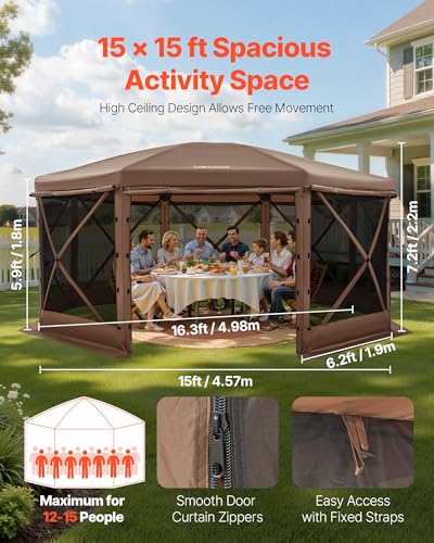 VEVOR Pop up Gazebo Screen Tent, 15 x 15 ft Large 8-Sided Camping Canopy Tent with Removable Top & Carry Bag, Quick-Set & Bite-Proof, Screen House Sun Shelter for 12-15 Persons Backyard Patio, Brown - color: Brown, size: 15x15ft