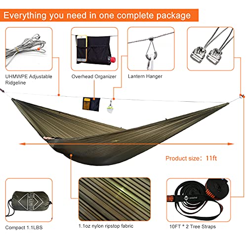 Onewind Camping Hammock, Ultralight Portable Hammock with Adjustable Ridgeline, Outdoor Hammock 20D Ripstop Nylon with 2 * 12Ft Tree Strap, Ideal for Camping, Hiking, Backpacking - color: Od Green-single Layer, size: 11' * 55"