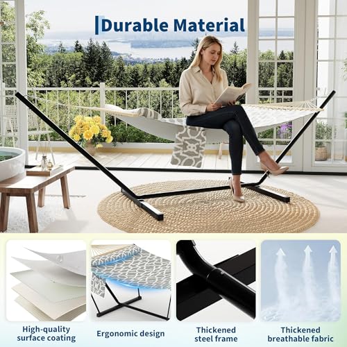 Double Hammock with Stand - Heavy Duty Portable 2 Person Design with Adjustable Steel Stand, Max 450LBS, Ideal for Outdoor Patio, Garden, Beach & Backyard - color: L-grey