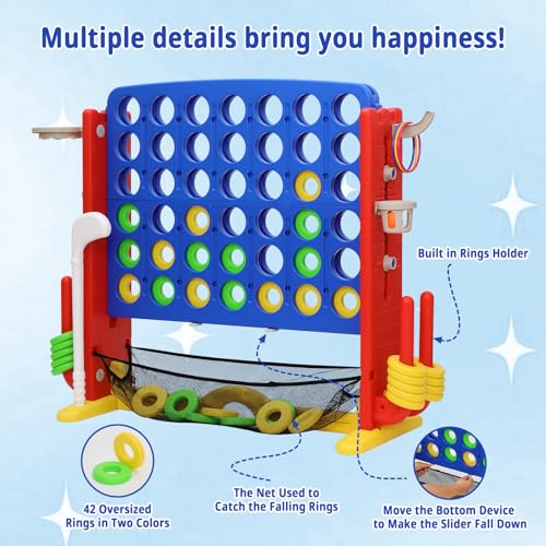 Giant 4-in-A Row Connect Game Set, Height Adjust Jumbo Yard Game for Kids & Adults w/Mesh Catching Bag, Basketball Hoop, Ring Toss & Mini Golf, Family Party 4-to-Score Indoor/Outdoor Games - color: Blue Red