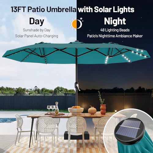 AreShark 13 FT Patio Umbrella with Solar Lights, Double-Sided Outdoor Table Umbrellas with Crank, Large Rectangular Market Umbrella for Porch, Lawn, Pool, Backyard, Lake Blue - color: Lake Blue, size: 6.5x13 Ft