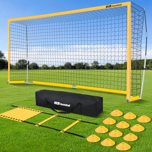 Haokelball Portable Soccer Goal for Backyard, 12x6 FT Soccer Net with Metal Post for Adult Youth Practice, Outdoor Training Equipment with Agility Ladder, Cones, Ground Stakes and Carry Bag - color: Yellow