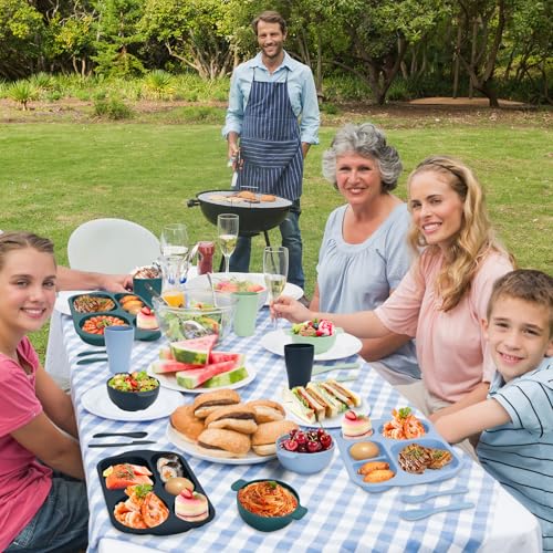 Unbreakable Dinnerware Sets for 4 People,24pcs Divided Plates and Bowls, Reusable Dinnerware Plastic Plates, Cups, Bowls, Cutlery Set for School Party, Camping, Home, Office - color: Blue