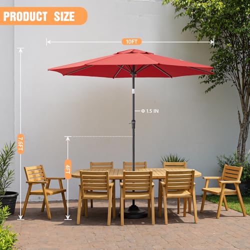 Outdoor Patio Umbrella, Table Umbrella with Push Button Tilt and Crank, 8 Ribs Market Umbrella - color: Red-Steel Ribs, size: 10FT