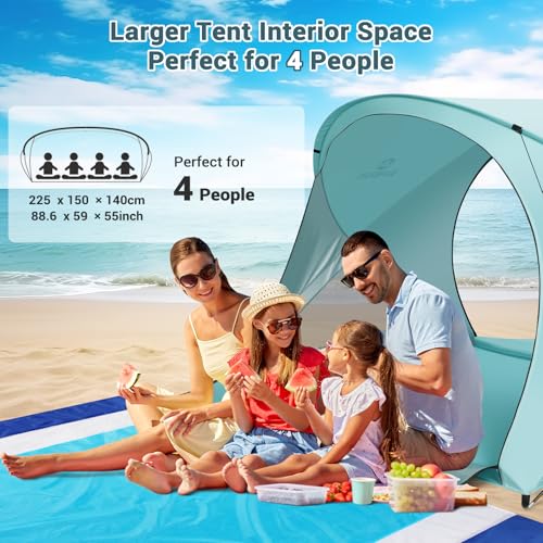 AugFir Beach Tent Sun Shelter, Beach Tent with Beach Mat Set, 4 Person Portable Beach Shade Canopy with UPF 50＋ UV Protection, Dual-Door Ventilation Design, Easy Setup Family Beach Umbrella (Green) - color: Green
