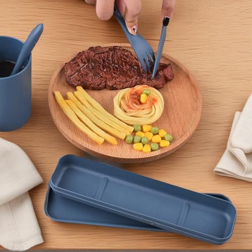 3-in-1 Portable Cutlery Set with Case – Reusable Camping Utensils – Travel Fork, Knife, Spoon Set for Camping, Picnic, Deep Blue - color: Deep Blue