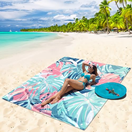 HIHOHO Beach Blanket Waterproof Sandproof Beach Mat for 1-8 Adults Quick Drying Durable Outdoor Picnic Mat for Beach Festival Travel Camping Hiking (Flamingoes-Palm, 79"×83"(4 Person)) - color: Flamingoes-palm, size: 6'11" x 6'7"