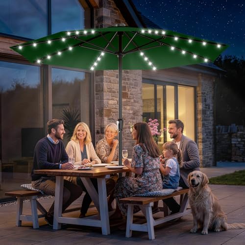 AreShark 11FT Large Patio Umbrella with Solar Lights, Lighted Solar Umbrella with Crank, Outdoor Table Market Umbrellas for Garden, Deck, Backyard, Pool and Beach, Dark Green - color: Dark Green, size: 11 Ft