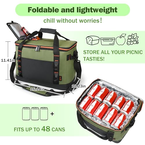 Tirrinia Large Cooler Bag Insulated, 48 Cans Leakproof Soft Camping Coolers, Portable Beach Cooler with Shoulder Strap for Picnic, Beach, Travel Road Trip - color: Green Black